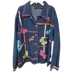 Vtg Denim Jacket Butterfly Appliqué Embroidered Jean Jacket Large Boho Retro